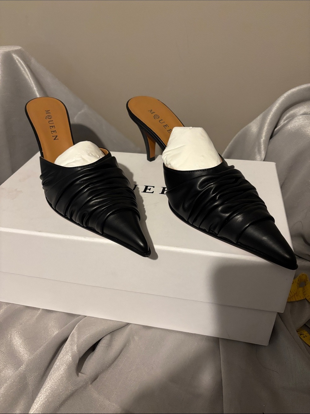 McQueen Birdee ruched black leather  mules